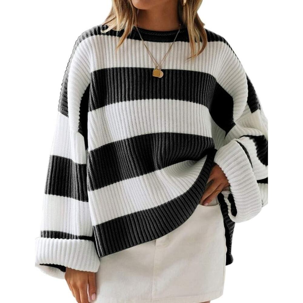 Oversized Striped Color‎ Block Knit Sweater Women’s Large Crew Neck Pullover NEW